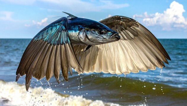 Flying fish jumping out of ocean.