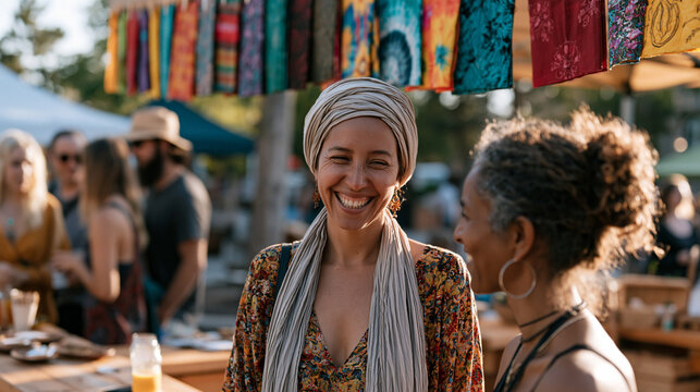 Vibrant outdoor summer market scene with a group of recently settled refugee women running a handicraft stall, laughing while explaining their embroidery techniques to curious local shoppers, colorf