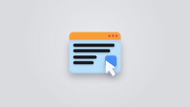 Flat design of a browser window with a cursor clicking on a blue button on a light gray background.