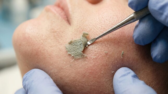 Close-up of Professional Skin Exfoliation: A skilled esthetician uses a specialized tool to gently exfoliate dead skin cells from a client's face, revealing smoother, revitalized skin.