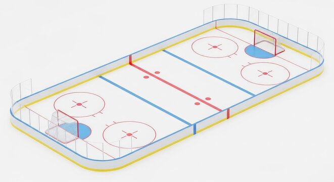 Isometric view of a professional ice hockey rink featuring red and blue markings, face-off circles, and goals on a smooth white surface, surface, net, illustration