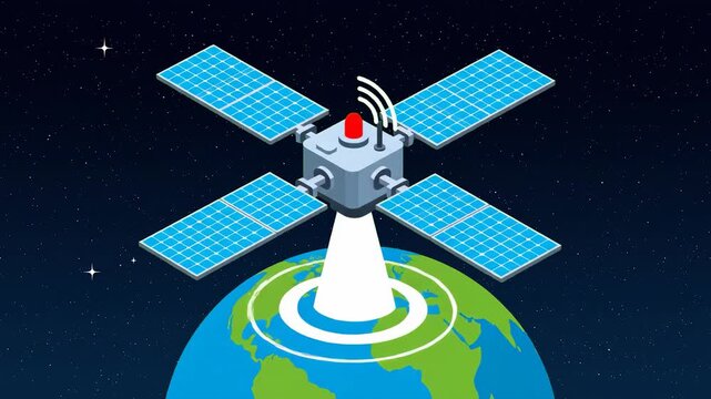 A detailed 2D isometric illustration of a space communication satellite with extended blue solar panels broadcasting data beams down toward a stylized planet Earth. The background is a dark navy blue 