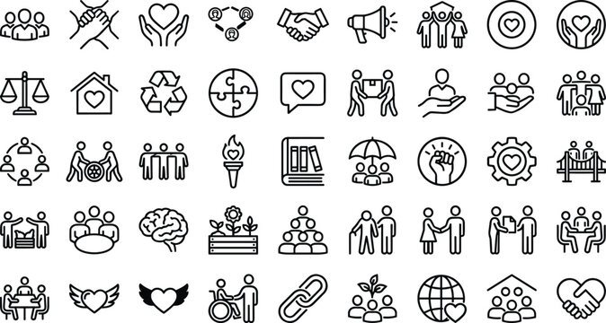 Human Rights and Non Profit Organization Icon Set Featuring Community Care Charity Legal Justice and Peace Symbols