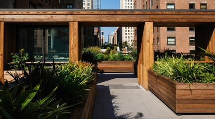 Fototapeta premium Modern rooftop garden with city skyline view. Green plants in wooden planters create relaxing urban oasis. Outdoor living space for city dwellers, sustainable agriculture.