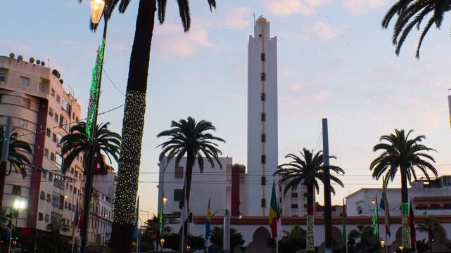 Casablanca, Morocco. View of Mosque Al Yassir in Casablanca, Morocco. Time-lapse from evening to night, panning video