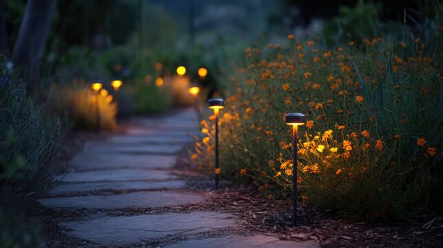 Lit pathway in garden at dusk
