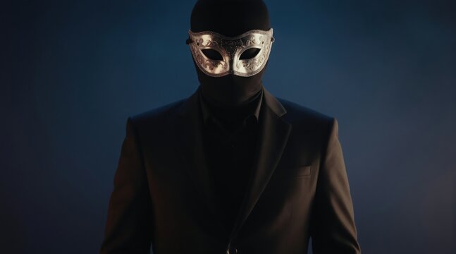 Man in black suit wears silver masquerade mask covering face. Figure stands in dark smoky studio. Mysterious person hides identity for secret event or intrigue.