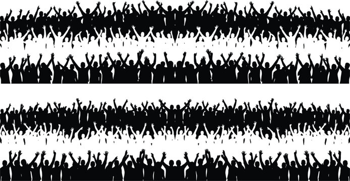 Large crowd of people silhouettes with raised hands in celebration, cheering audience for concert, sports event, and festival.