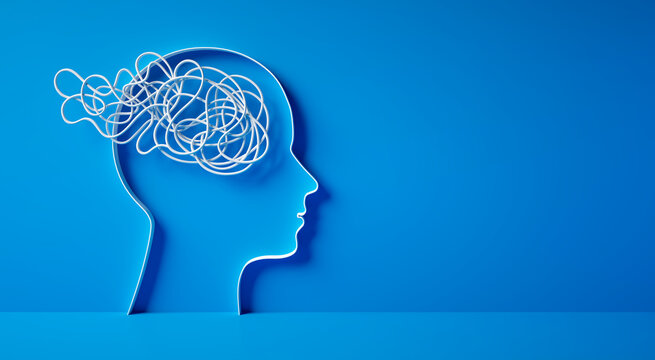 3D silhouette of a head with white tangled rope or cord inside symbolizing mental complexity and confusion on blue background - 3d illustration