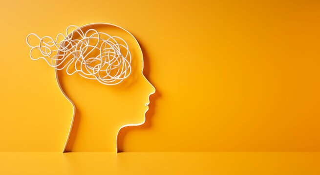 3D silhouette of a head with white tangled rope or cord inside symbolizing mental complexity and confusion on yellow background - 3d illustration