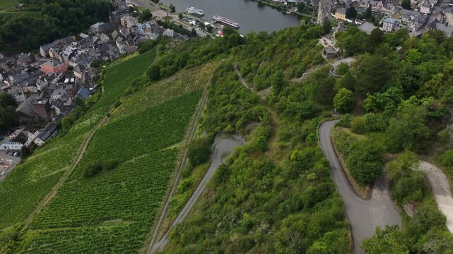 Scenic german mosel river valley aerial revealing cochem town