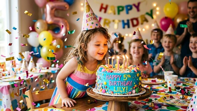 Young girl blowing out candles on her 5th birthday cake with falling confetti