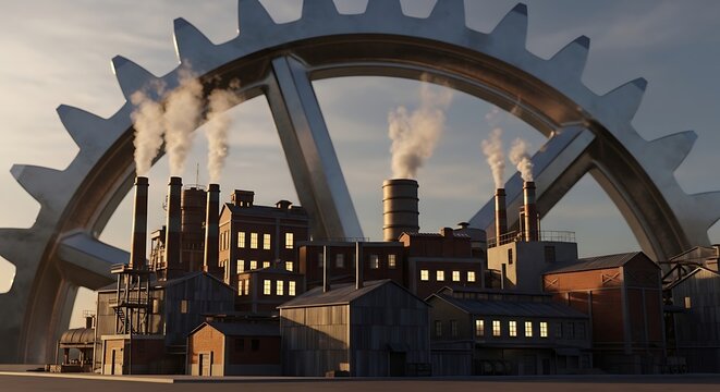 Industrial factory with large gear and smokestacks.