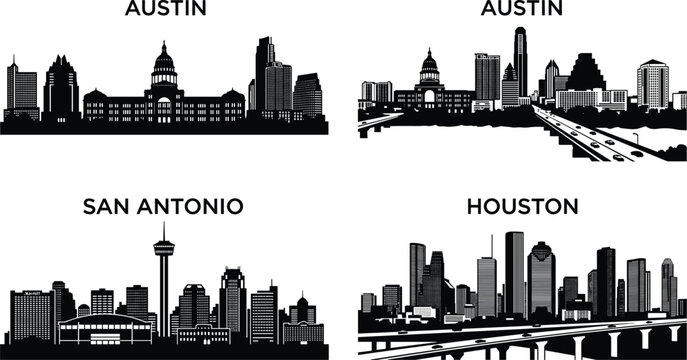 Set of black and white Texas city skyline silhouettes featuring Austin, San Antonio, and Houston urban landscapes and landmarks.