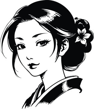 Japanese woman, geisha portrait, black and white illustration, vector art