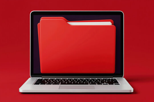 Laptop screen shows open red file folder with papers. Digital concept for data management organization and storage. Computer, document, archive, file, data.