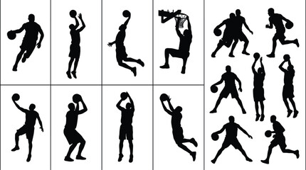 Large collection of basketball player silhouettes featuring various action poses such as dunking, shooting, dribbling, and jumping on white background. © Md