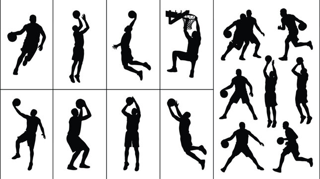 Large collection of basketball player silhouettes featuring various action poses such as dunking, shooting, dribbling, and jumping on white background.