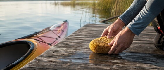 Obraz premium Hands cleaning a wet wooden dock with a yellow sponge beside a kayak on calm lake water, with reeds and soft sunlight near shore outdoors