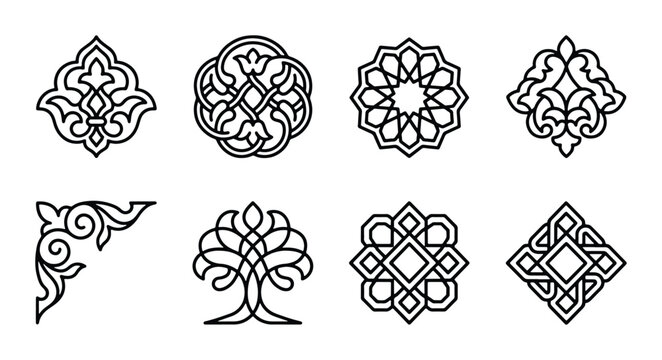 Islamic Geometric Patterns Vector Set, Arabic Ornaments, Mandala Designs, Decorative Elements, Arabesque Motifs, Traditional Arab Art, Black and White Icons