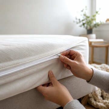 Hands zipping a white mattress protector around a bed in a bright bedroom, close-up of clean bedding installation with plant and soft light