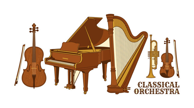 Collection of vintage classical music instruments violin cello piano harp and trumpet elegant orchestra set vector