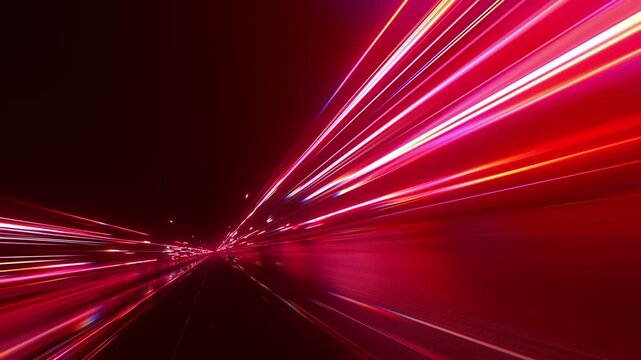 Abstract red neon light trails with low angle perspective, futuristic high speed motion blur background, seamless loop VJ motion graphics for technology and automotive.