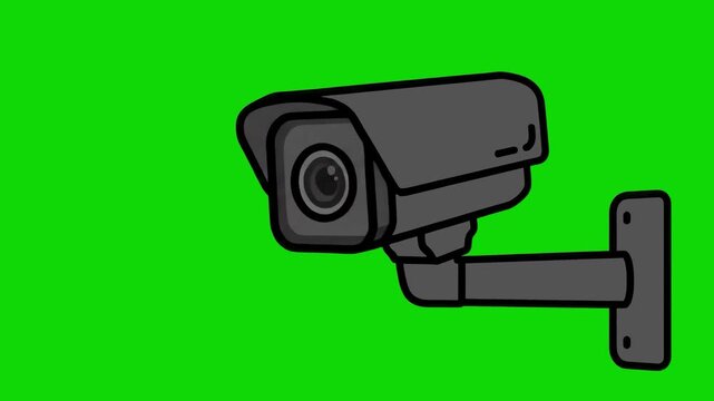 A clean, flat 2D vector graphic of a modern outdoor CCTV security surveillance camera. This technical icon is isolated on a bright green chroma key background, making it an ideal element for security-