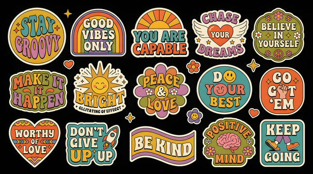 Retro Affirmation Sticker Set: A collection of vintage-inspired stickers, each radiating positivity and encouragement, perfect for spreading good vibes.