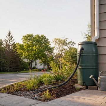 Green rain barrel connected to a house downspout beside a landscaped garden with hose and watering can in sunny suburban yard for rainwater reuse
