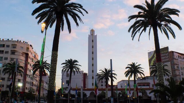 Casablanca, Morocco. View of Mosque Al Yassir in Casablanca, Morocco. Time-lapse from evening to night, zoom in
