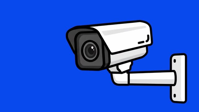 An animated white CCTV security camera pans slightly from side to side. The flat vector-style motion graphic is set against a clean, solid blue background.
