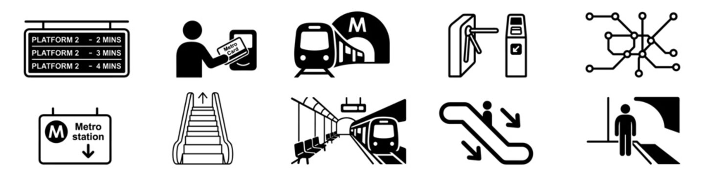 Metro and subway transportation vector icons, train station, escalator, ticket and transit system symbols on transparent background