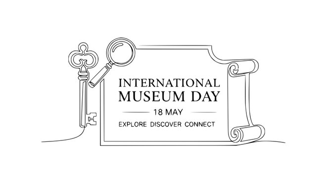 International Museum Day concept with vintage key, magnifying glass and scroll, single line art