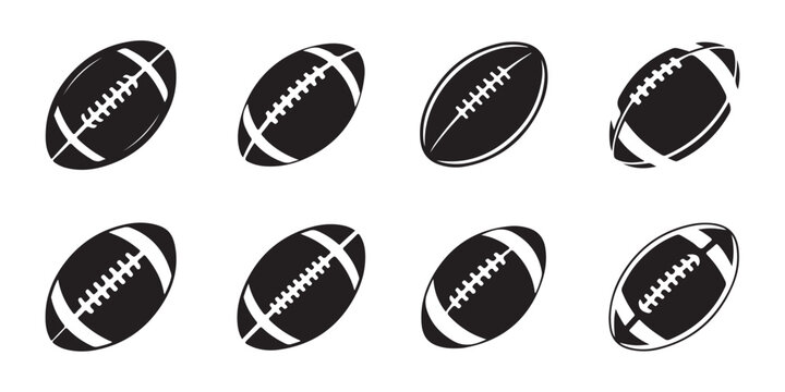 Set of eight black football icons with white laces on a transparent background.