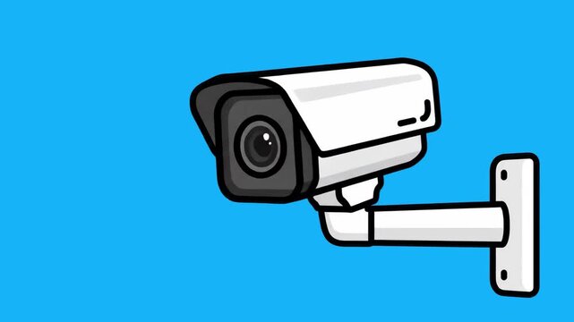A bold 2D flat design illustration of a sleek white and grey outdoor security surveillance camera mounted on a bracket. The background is a flat, solid cyan-blue sky color, delivering a clean, corpora