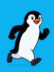 Naklejka premium A flat vector illustration of a cheerful cartoon penguin running with a happy smile on a solid blue background.