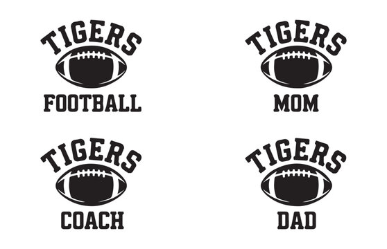 Tigers football team branding elements with sport ball silhouette graphics for apparel and logos.