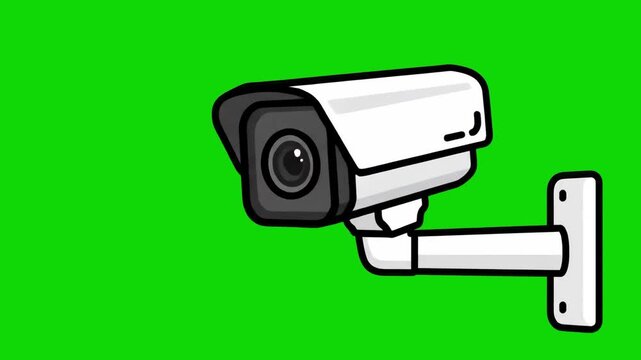 A detailed, flat 2D vector graphic of a modern outdoor security CCTV camera. This technical surveillance icon is isolated on a bright green chroma key background, suitable for security-themed projects