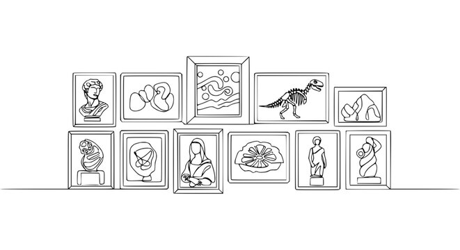Art Gallery Wall Display - Sketches of Sculptures, Paintings, and Dinosaur Skeleton
