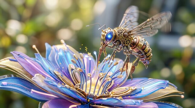 Mechanical bee on a luminous flower with robot bee mechanical insect close-up