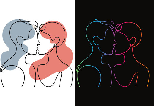 Continuous line of a couple kissing, split white and black backgrounds