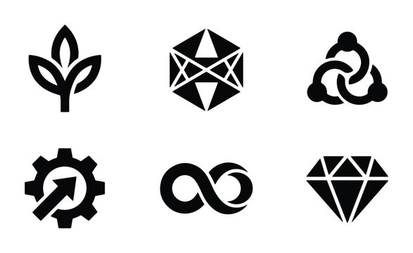 Abstract Geometric Icons Set: Growth, Infinity, Diamond, Interlocking Shapes, and Organic Leaf Symbols for Branding and Design