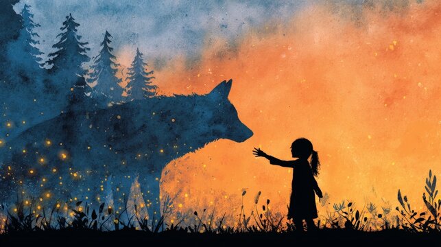 Silhouetted child reaches out to a wolf at twilight. Forest looms behind them, trees dark against fiery sky. Fires glow like stars in the misty air. Child stands brave