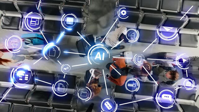 Tourists walking in airport optimizing operational logistics using AI technology, VFX compositing. Predictive passenger flow management powered by artificial intelligence in modern airport terminal