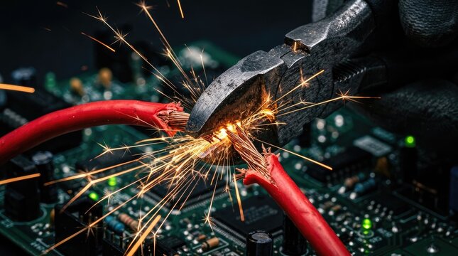 Cutting a red electrical wire with pliers on a circuit board
