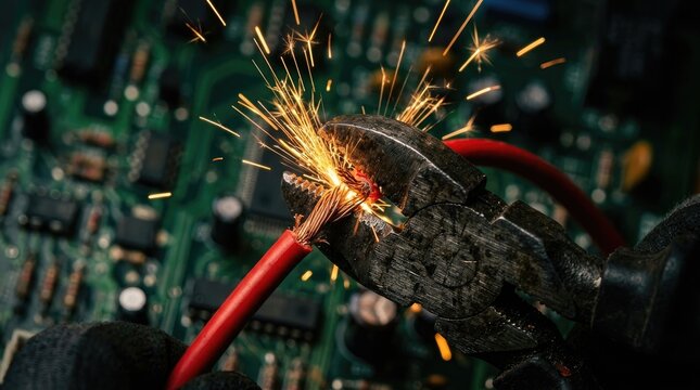 Close up of pliers cutting red wire with sparks flying on circuit board background