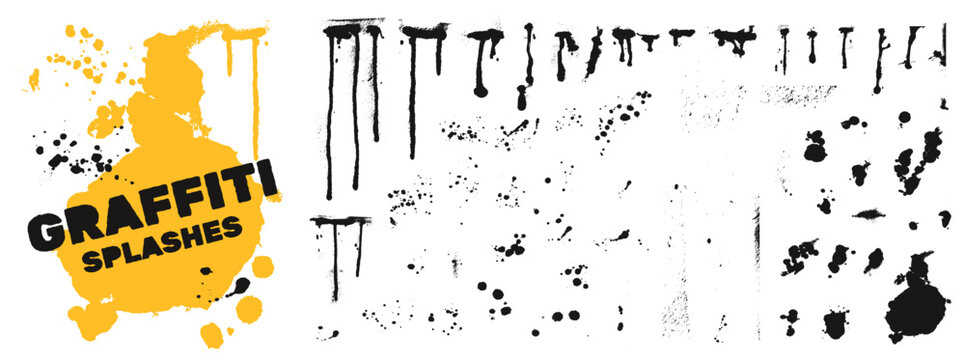 Spray paint drip and splash with black ink blobs and drop elements. Street art paint spray drips with grunge melt texture and splotch silhouettes. Urban vector collection for music poster on white bg.