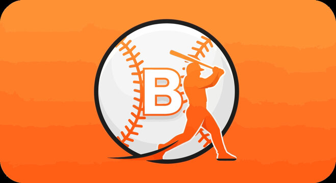 Baseball Player Swings Bat with Letter B on Ball Logo Design for Sports Teams