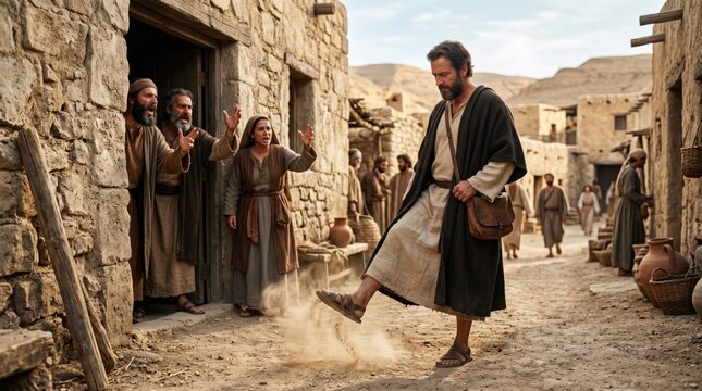 The apostle leaves a modest stone house and symbolically shakes the dust off his sandals.